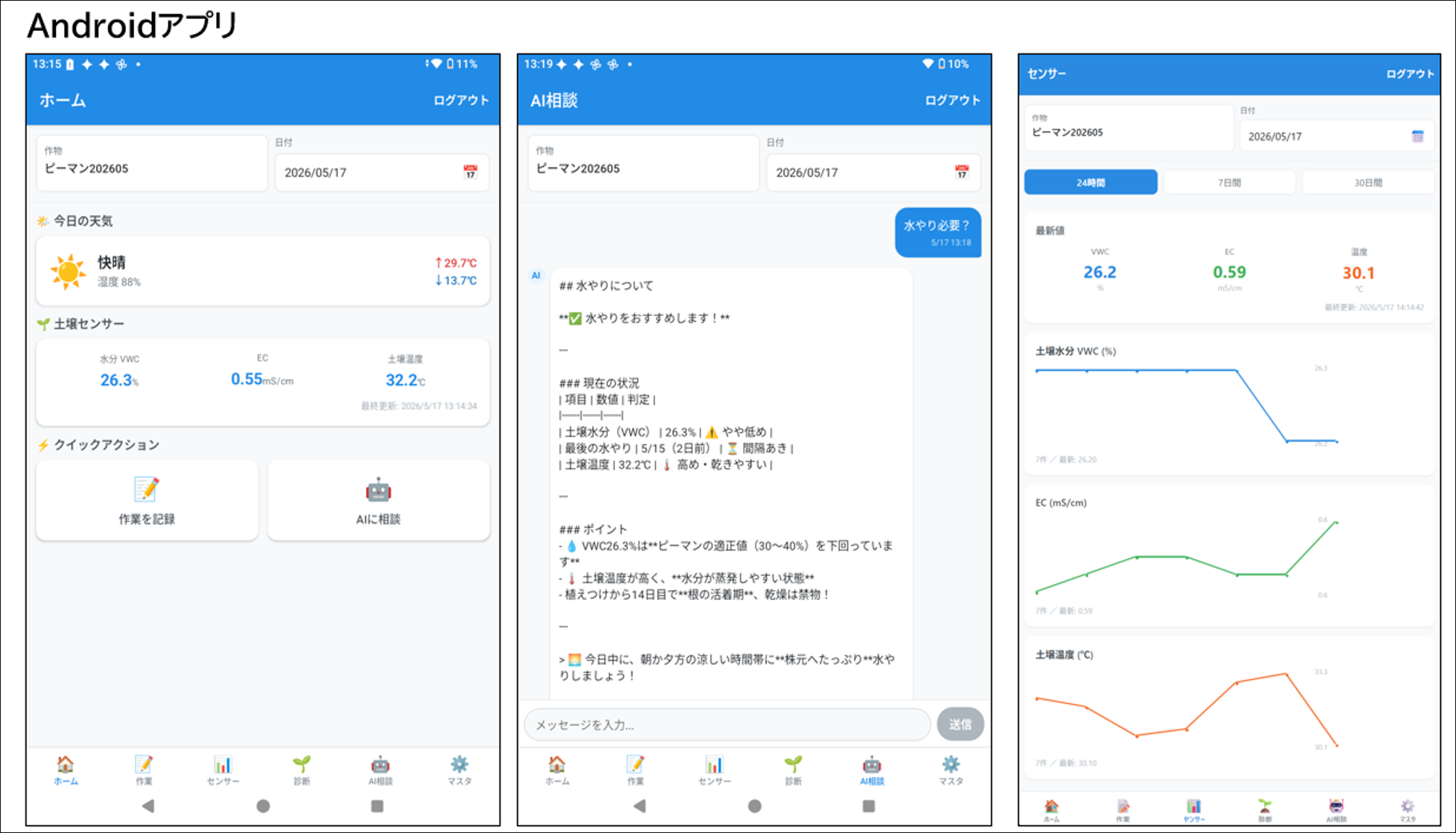 AI×IoTスマート菜園システムのAndroidアプリ画面