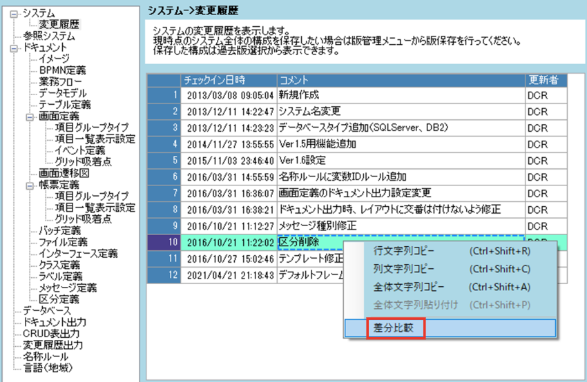 システムプロパティ（変更履歴→差分比較→ツリー色付き）